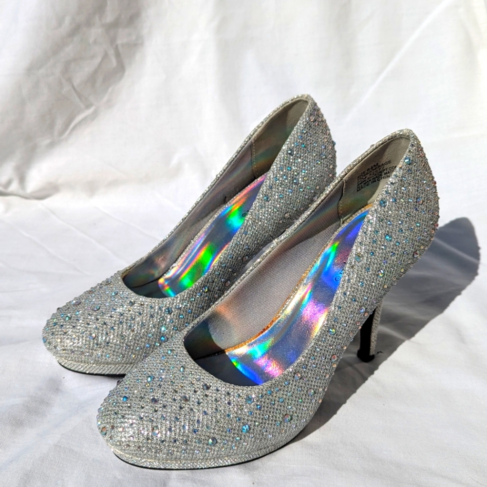 Silver Slipper Bejeweled Heels Size 6.5M